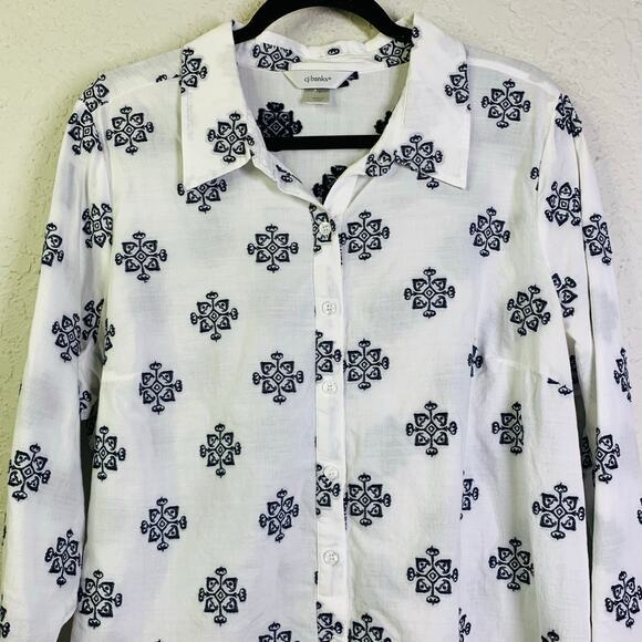 CJ BANKS Blouse Top Button Down‎ Novelty Embroidered Boho Artsy Workwear Preppy - Picture 4 of 12